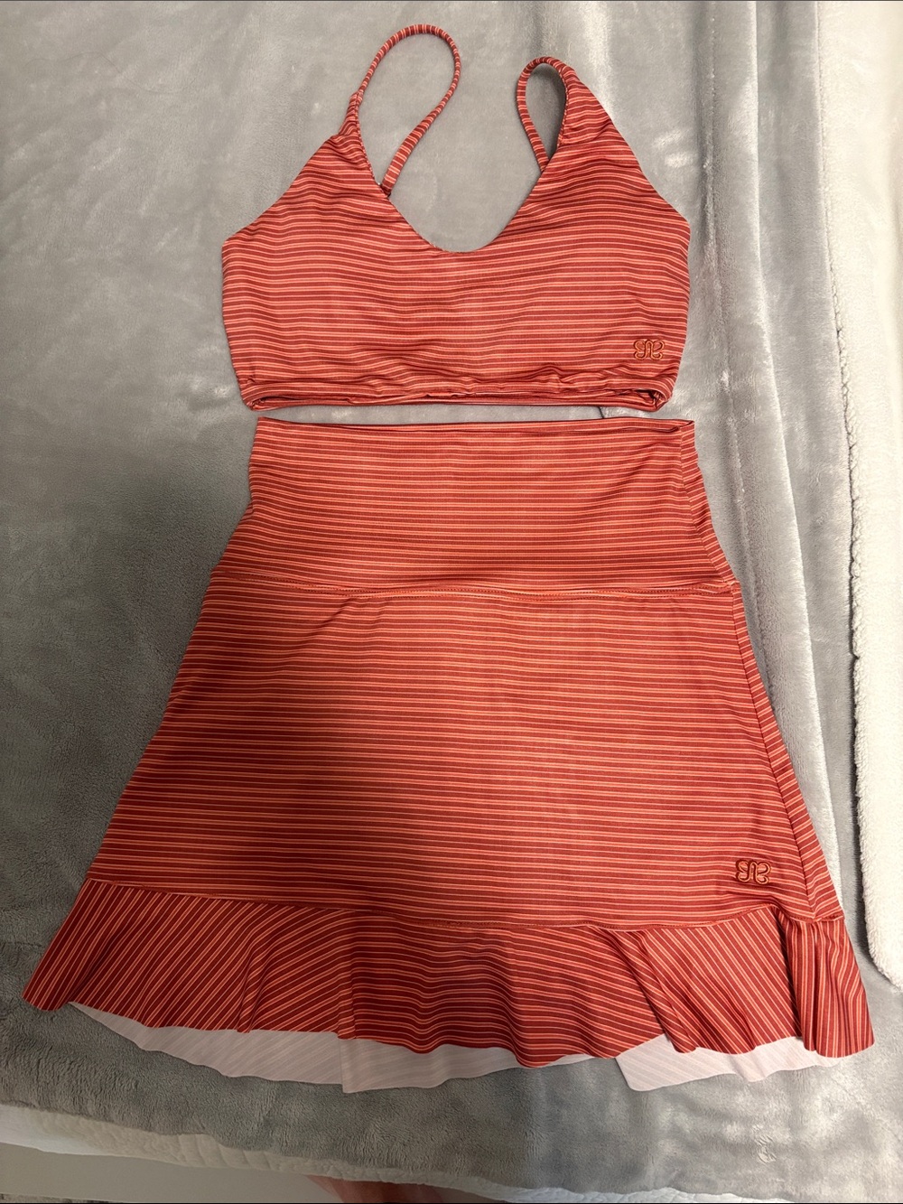 Albion Sunset-Striped Two-Piece Swim Top and Skirt